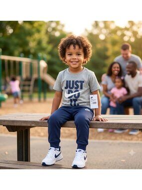 Nike Kids 2-Piece Set Gray "Just Do It" Tee & Navy Joggers XS 4 years